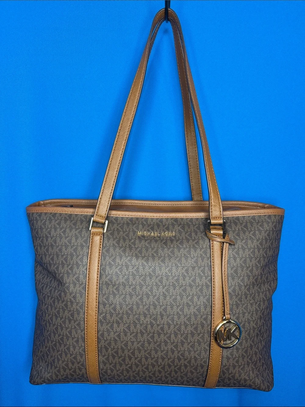 MICHAEL KORS LARGE SADY CARRYALL BROWN SIGNATURE LOGO LAPTOP / SHOULDER TOTE BAG